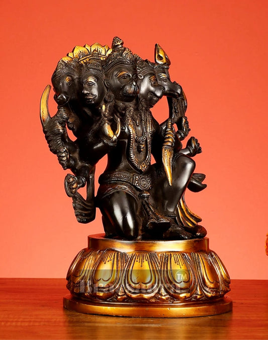 Brassaura® Pure Brass Panchmukhi Hanuman Idol – Height 13.5 Inches | Heat-Treated Black & Gold Finish