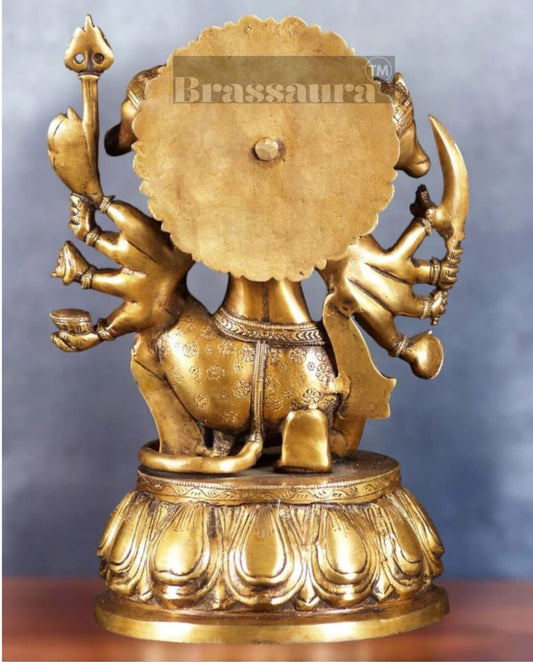 Brassaura® Handcrafted Superfine Brass Panchmukhi Hanuman Idol – Height 13.5 Inches | Heat-Treated Golden Finish