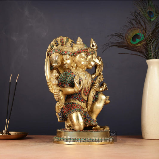 Brassaura® Handmade Panchmukhi Hanuman Idol – Height 11 Inches | Golden Finish