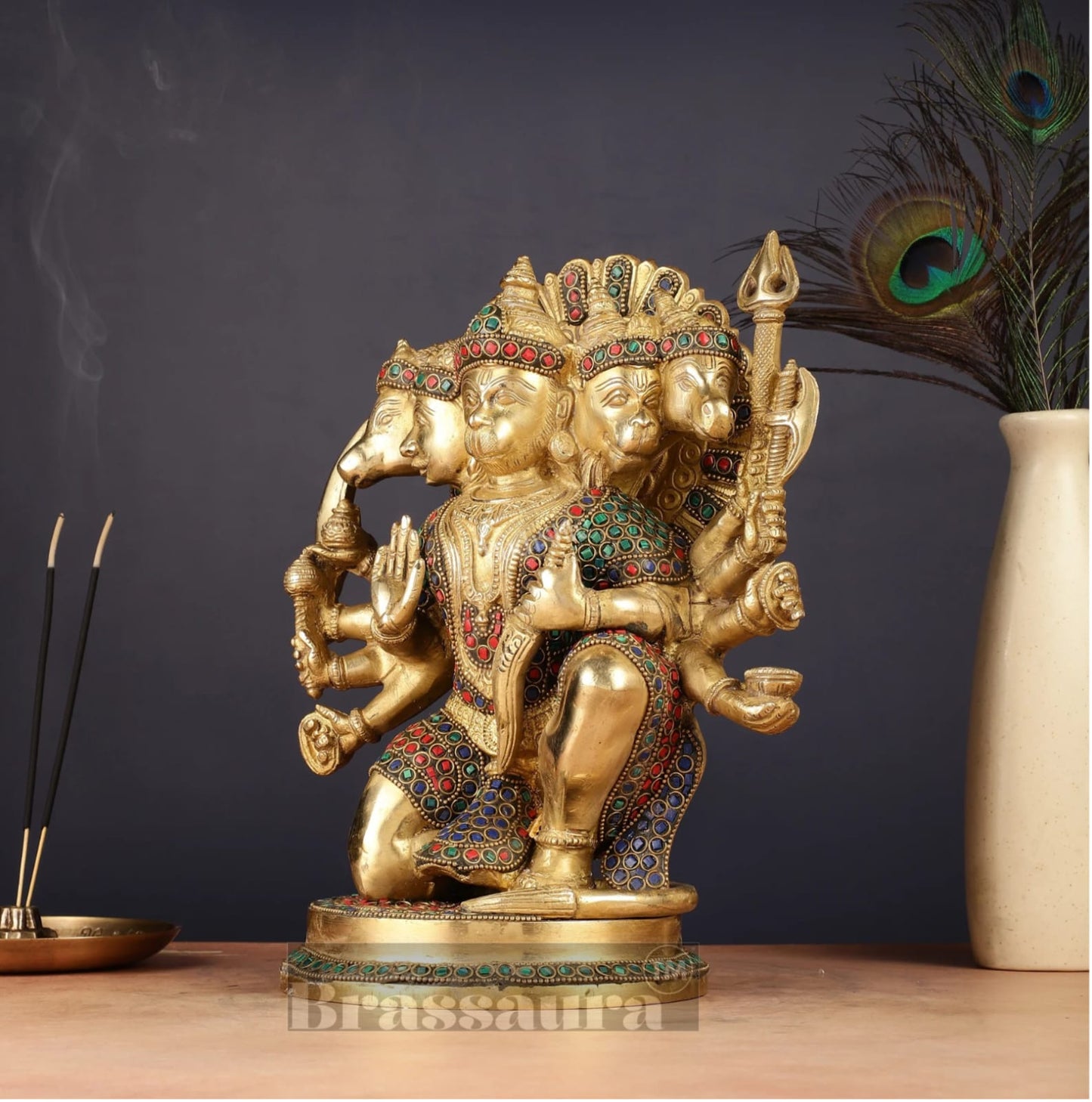 Brassaura™ Handmade Panchmukhi Hanuman Idol – Height 11 Inches & Weight 6.6 Kgs | Golden Finish
