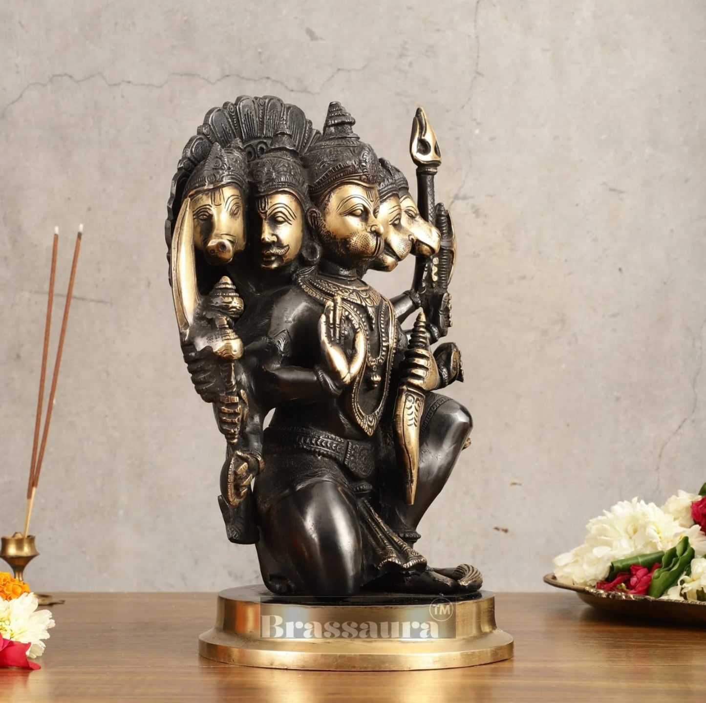 Brassaura™ Handmade Superfine Brass Panchmukhi Hanuman Idol – Height 11 Inches & Weight 6.6 Kgs | Black & Gold Heat-Treated Finish
