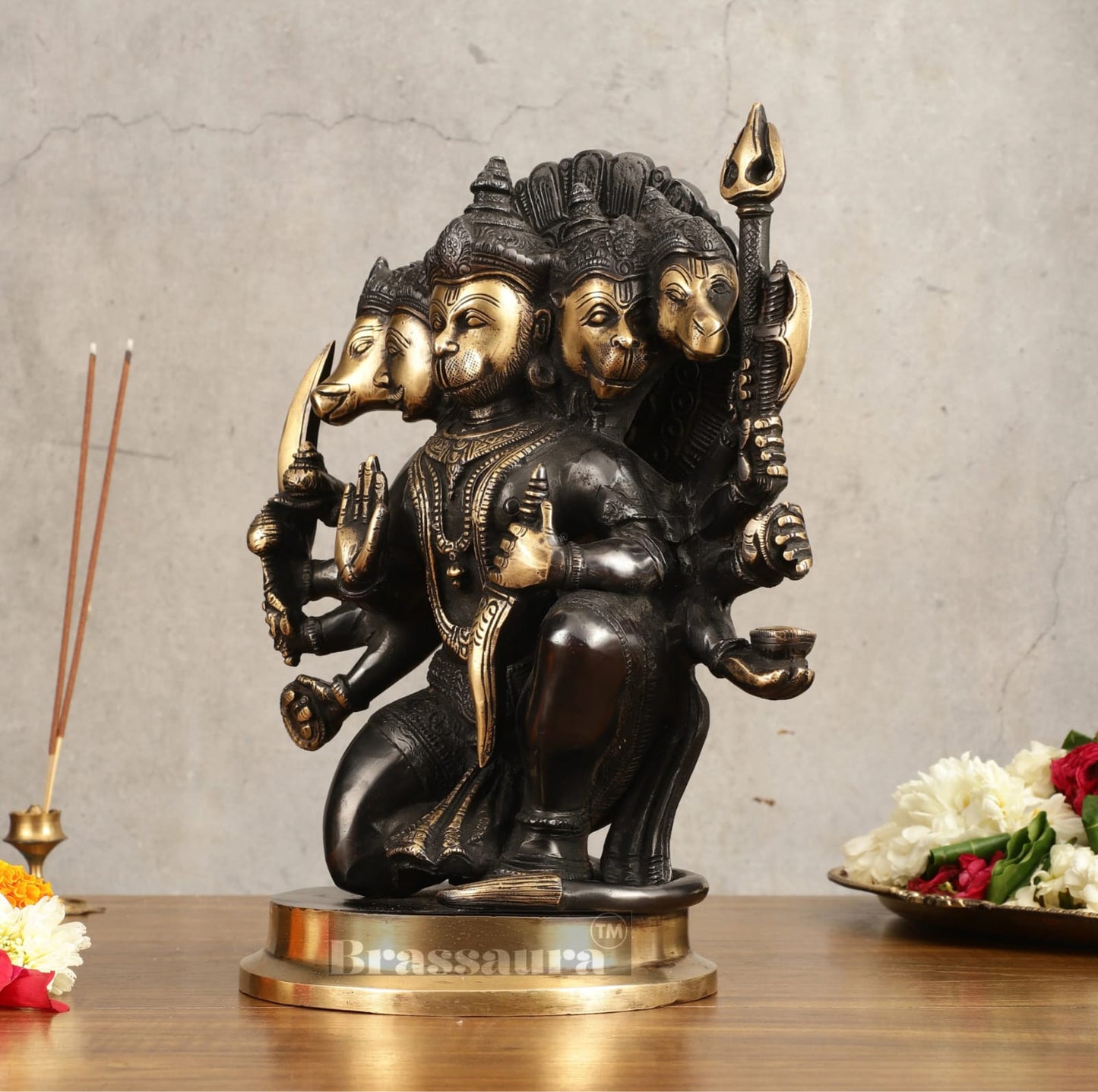 Brassaura™ Handmade Superfine Brass Panchmukhi Hanuman Idol – Height 11 Inches & Weight 6.6 Kgs | Black & Gold Heat-Treated Finish