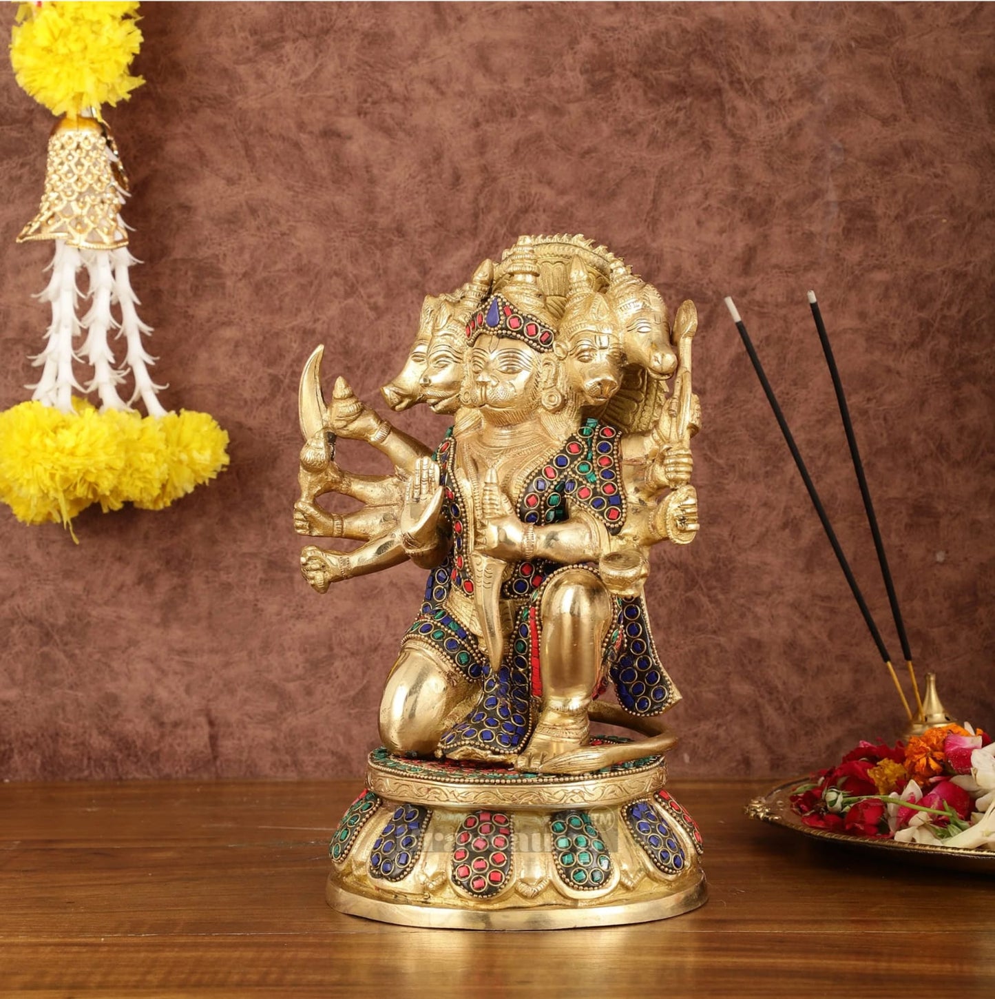 Brassaura™ Brass Superfine Panchmukhi Hanuman Idol – Height 10 Inches & Weight 7 Kgs | Stonework