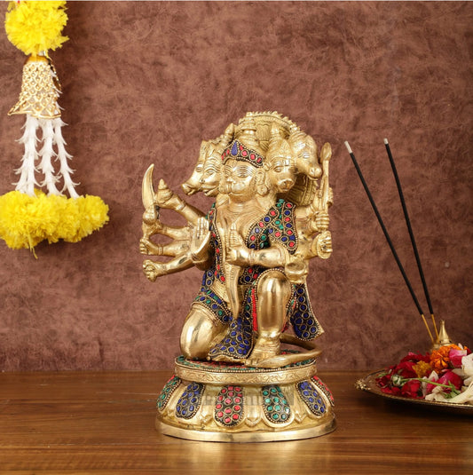Brassaura® Brass Superfine Panchmukhi Hanuman Idol – Height 10 Inches | Stonework