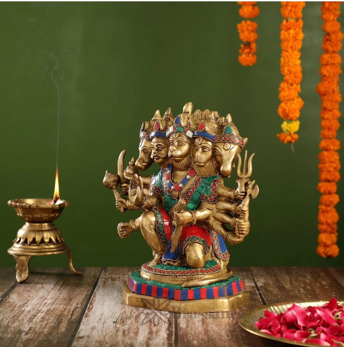 Brassaura™ Brass Panchmukhi Hanuman Idol – Height 11.5 Inches & Weight 6 Kgs | Handcrafted with Stonework