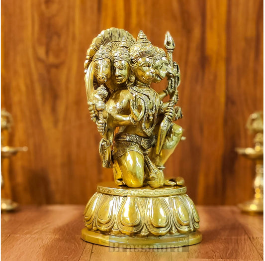 ब्रॉसॉरा™ हस्तनिर्मित अति सुंदर पीतल पंचमुखी हनुमान मूर्ति – ऊंचाई 13.5 इंच और वज़न 9 किलोग्राम | ऊष्मा-उपचारित सुनहरी स्थायी फ़िनिश
