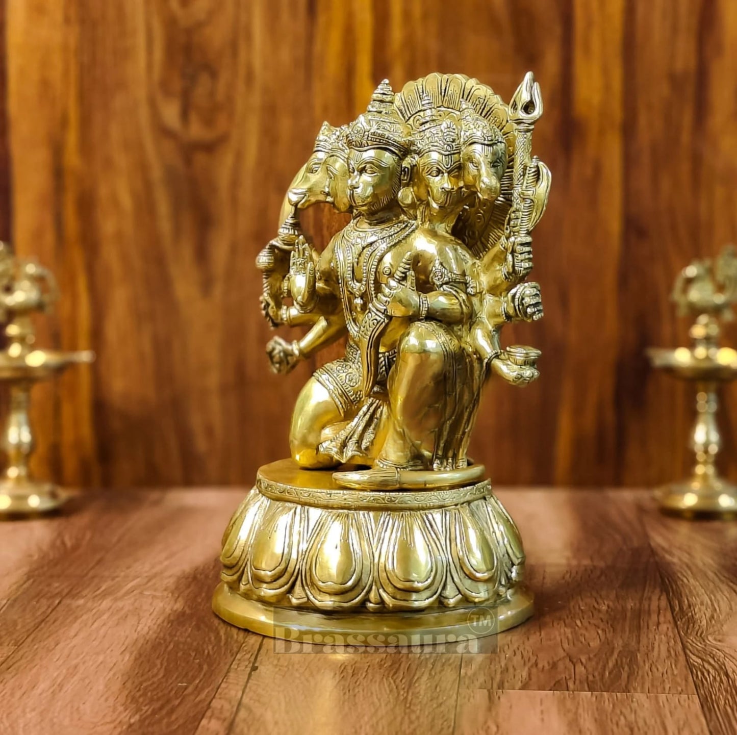 Brassaura™ Handcrafted Superfine Brass Panchmukhi Hanuman Idol – Height 13.5 Inches & Weight 9 Kgs | Heat-Treated Golden Permanent Finish