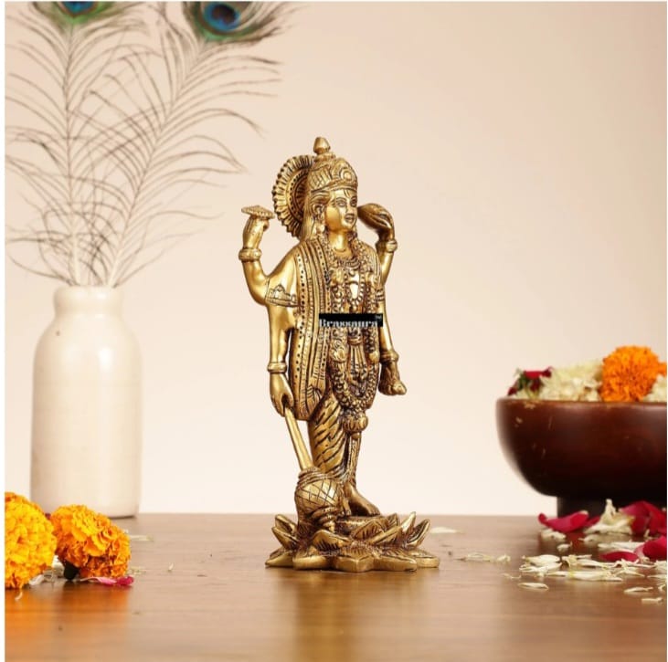 Brassaura™ Handcrafted Superfine Brass Lord Vishnu Satyanarayan Statue with Four Arms (Chaturbhuja) on Lotus Base | 8 Inch Height | 2 KG Weight