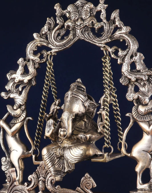 Brassaura™ Lord Ganesha on Swing Brass Urli – 9 kgs, 20 Inches Height – Auspicious Home Decor & Gifting Piece