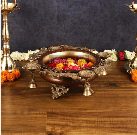 Brassaura™ Pure Brass Urli with Diyas – 5.5 kgs, 4.5 Inches Height – Traditional Decorative Bowl for Festive Home Decor