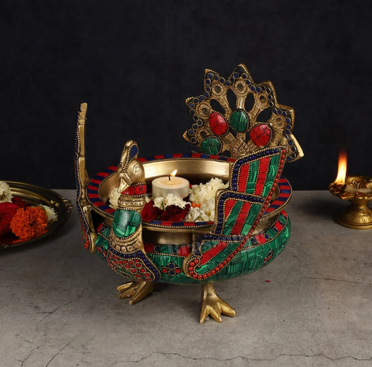 Brassaura™ Brass Peacock Shaped Urli Bowl with Stand – 2 kgs, 9 Inches Height – Elegant Handcrafted Home Decor