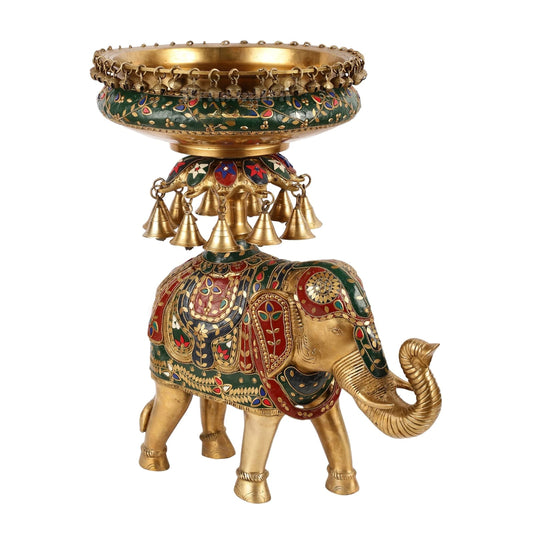 Brassaura™ Brass Elephant Urli with Intricate Stonework – 18.5 kgs, 20.5 Inches Height – Traditional Home Decor