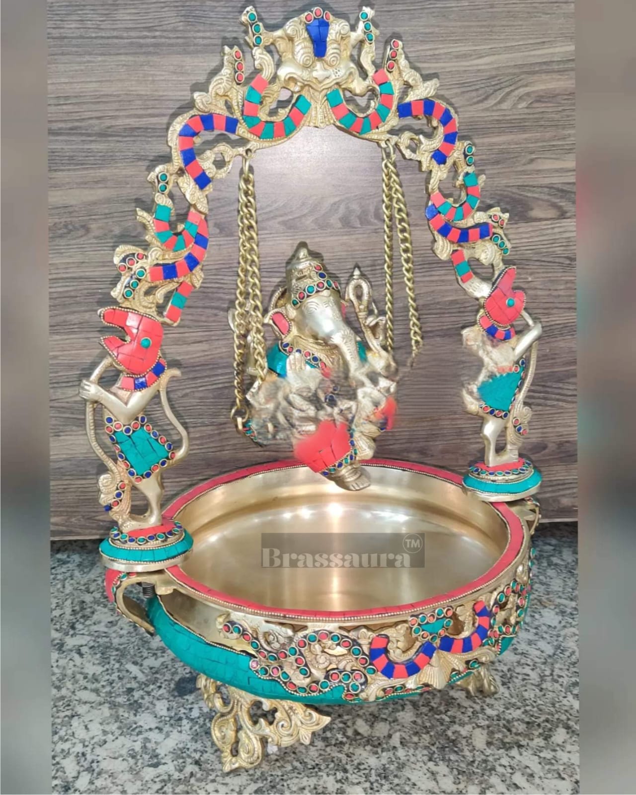 Brassaura™ Artistic Ganapati on Swing with Prabhavali & Large Brass Urli – 14 kgs, 21 Inches Height – Divine Home Decor