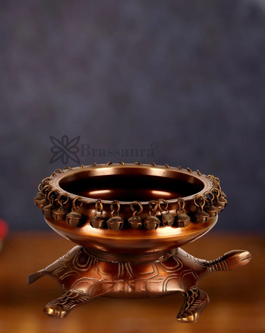 Brassaura™ Brass Urli Bowl on Tortoise Base – 2.3 kgs, 5 Inches Height – Vastu & Feng Shui Decor in Matte Chocolate Finish