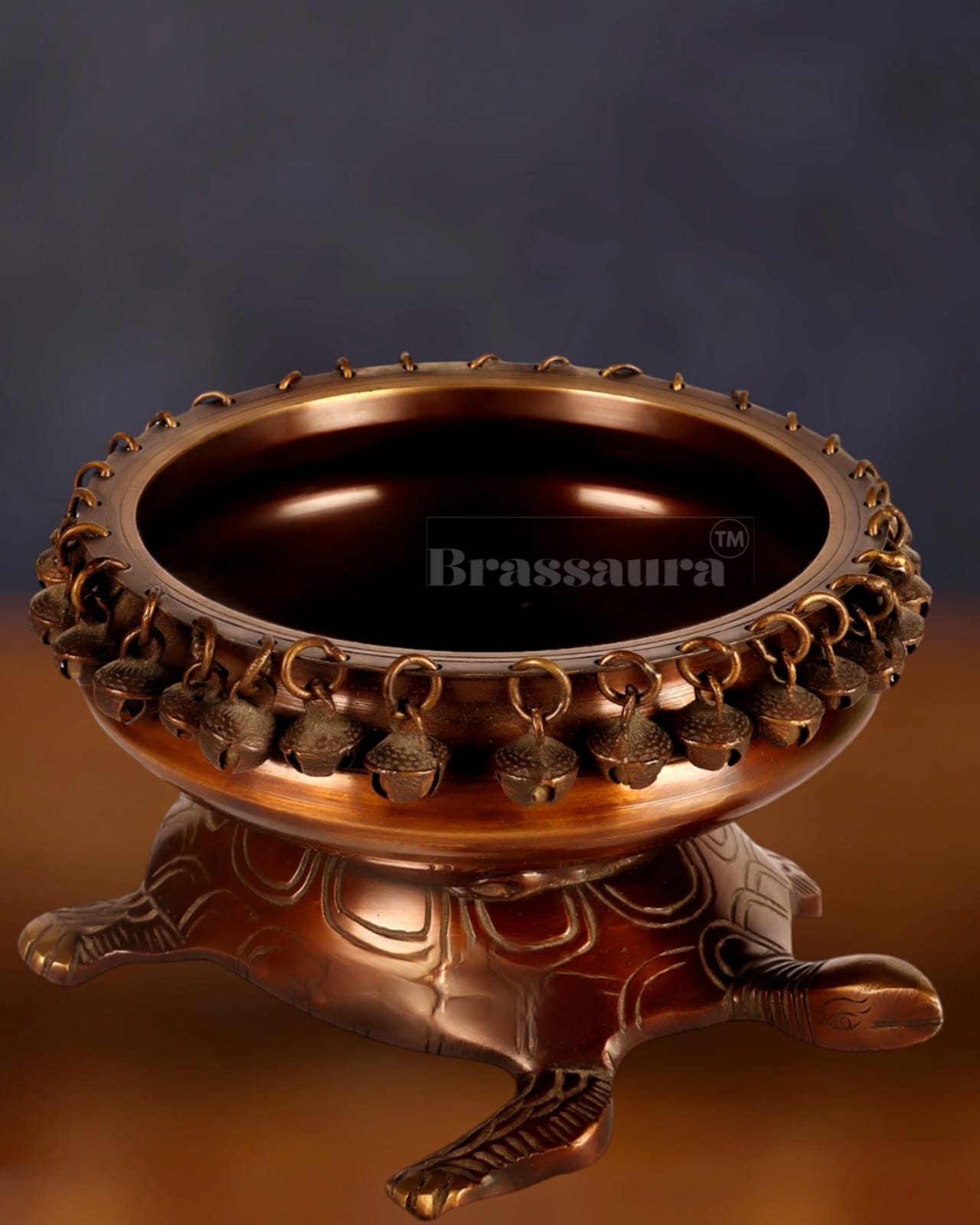 Brassaura™ Brass Urli Bowl on Tortoise Base – 2.3 kgs, 5 Inches Height – Vastu & Feng Shui Decor in Matte Chocolate Finish
