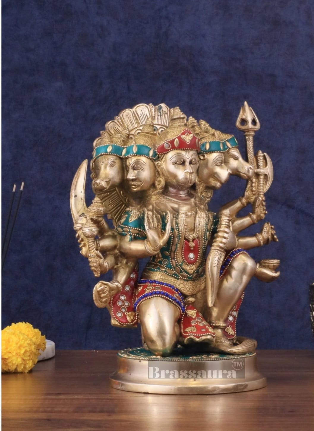 Brassaura™ Brass Panchmukhi Hanuman Idol – Height 11 Inches & Weight 6.6 Kgs | Handcrafted with Natural Stones