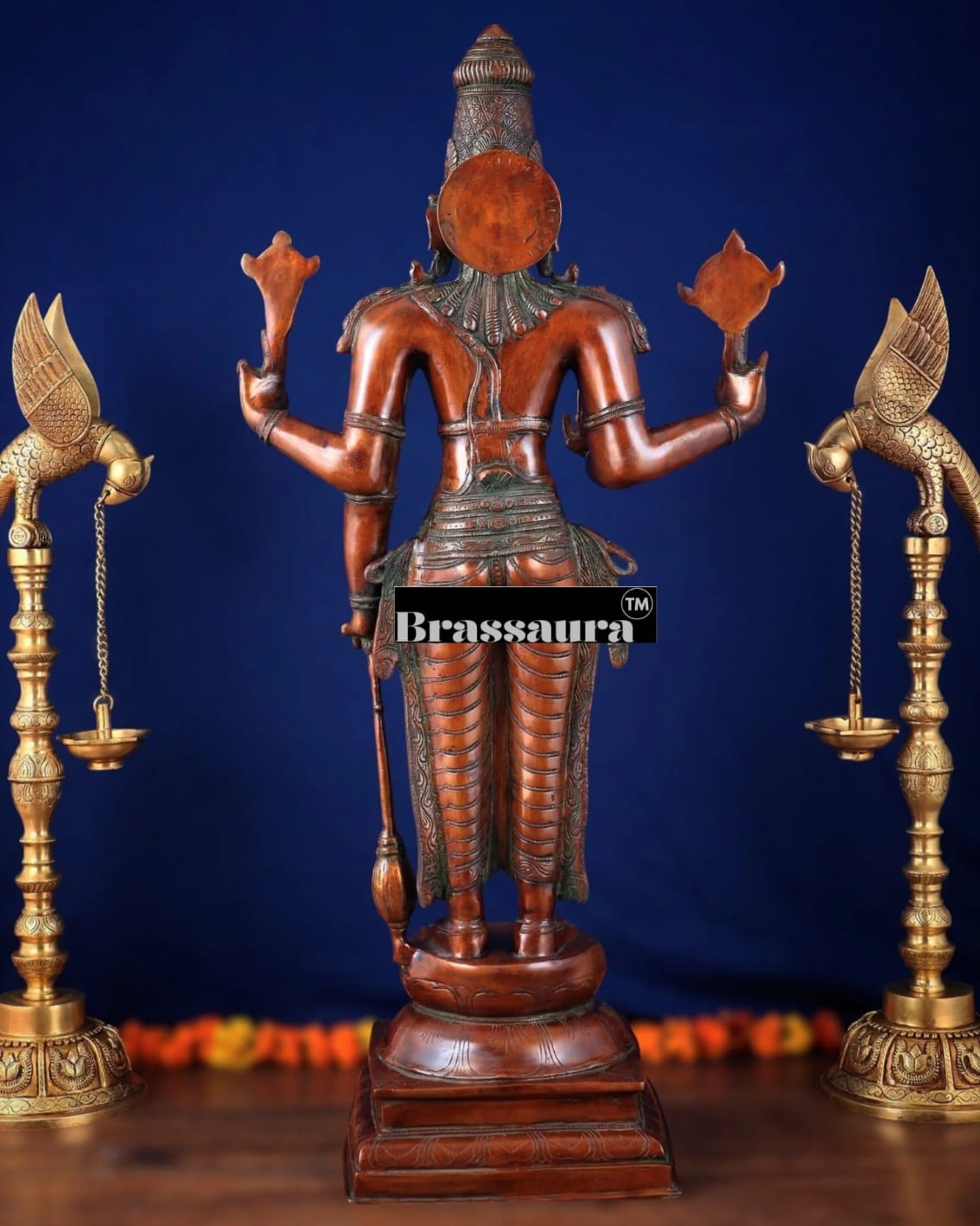 Brassaura™ Handcrafted Pure Brass Lord Vishnu Statue on Lotus Base with Sheshnaag | 37 Inch Height | 27 KG Weight | Black Heat-Treated Finish