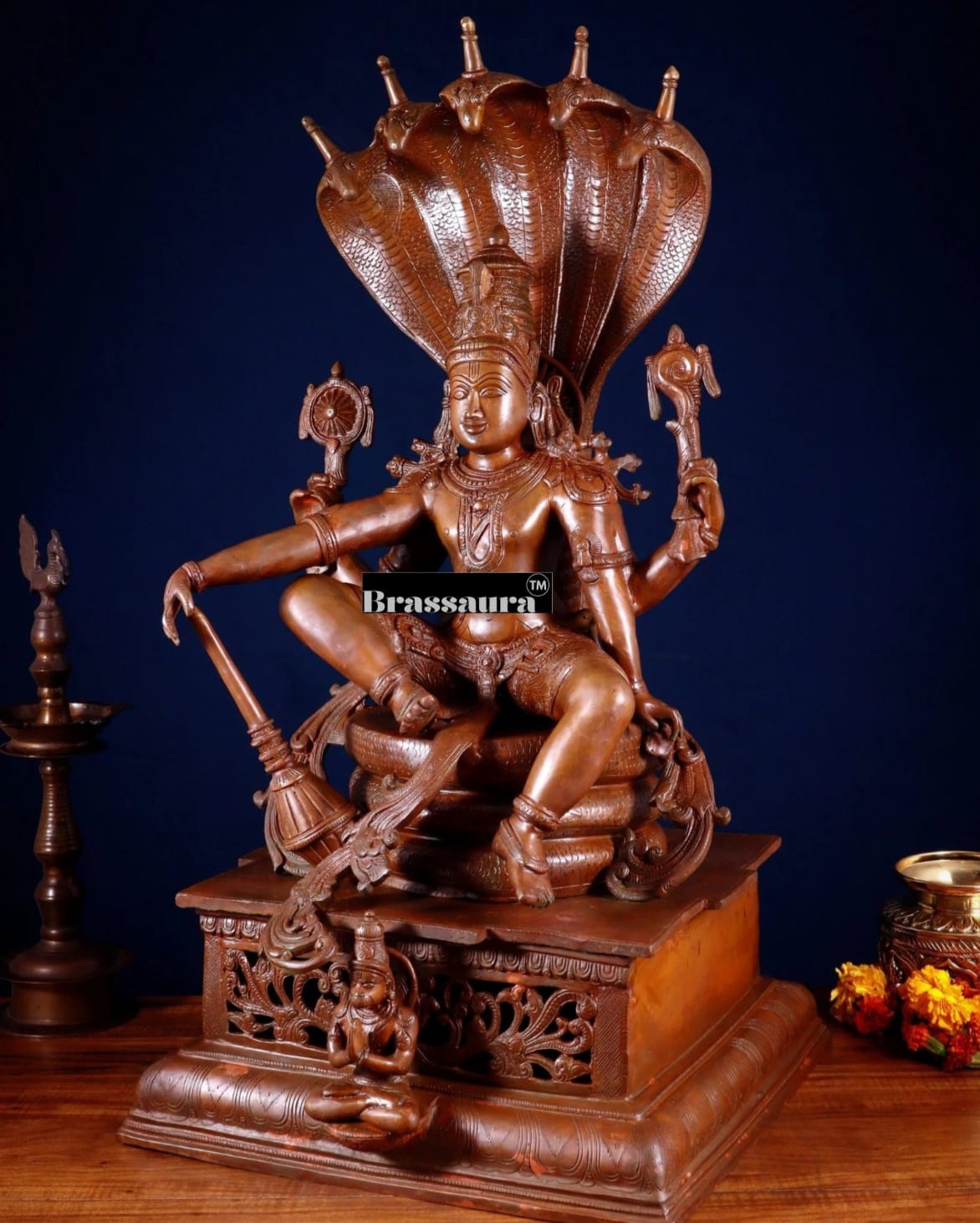 Brassaura™ Magnificent Brass Lord Vishnu Statue Seated on Engraved Pedestal with Sheshanaag and Hanuman | 29 Inch Height | 35 KG Weight | Chola Bronze Finish