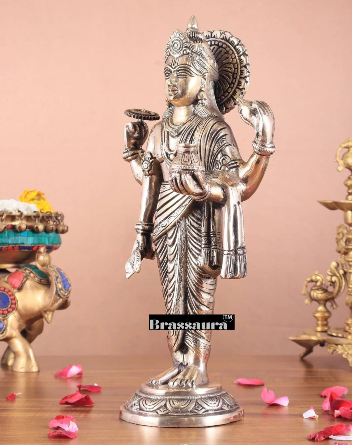 Brassaura™ Handcrafted Pure Brass Lord Dhanvantari Idol | 15 Inch Height | 4.16 KG Weight | Natural Brass Finish