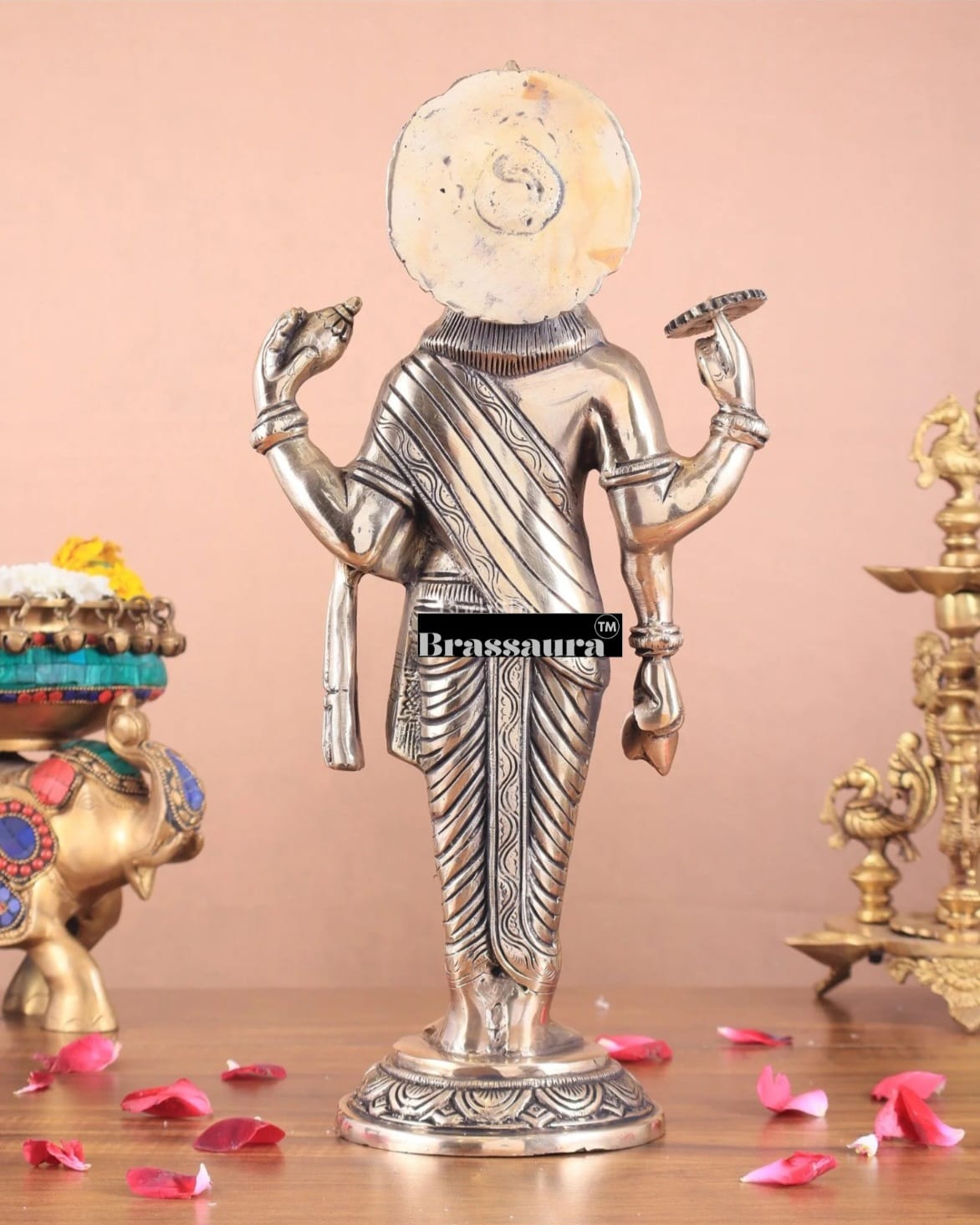 Brassaura™ Handcrafted Pure Brass Lord Dhanvantari Idol | 15 Inch Height | 4.16 KG Weight | Natural Brass Finish
