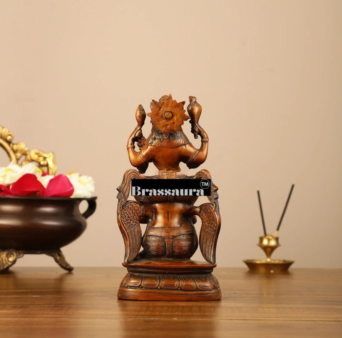 Brassaura™ Handcrafted Pure Brass Lord Vishnu Seated on Garuda Statue | 8 Inch Height | 2 KG Weight | Intricate Craftsmanship