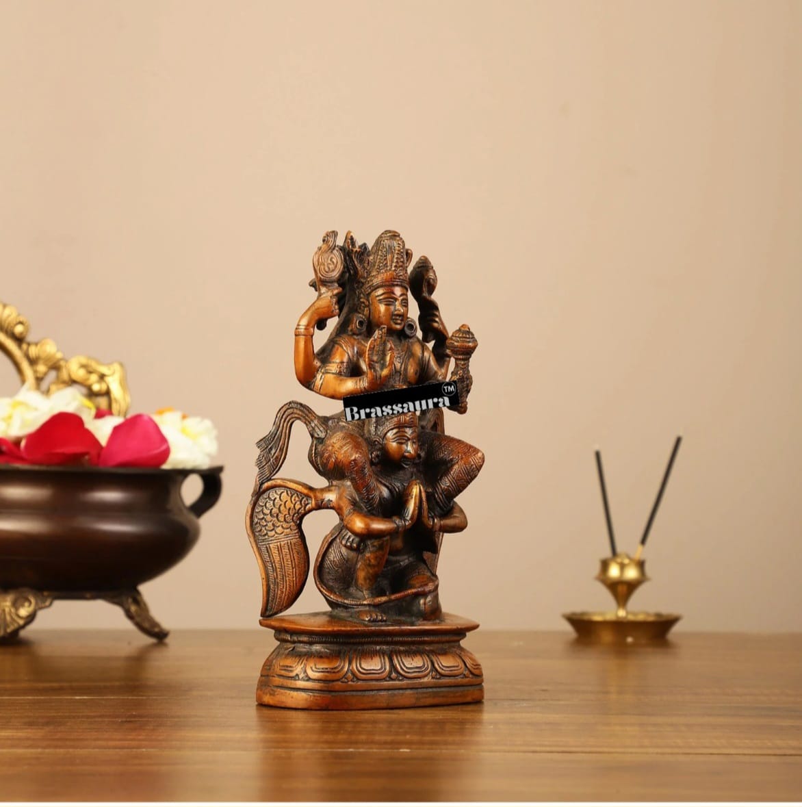 Brassaura™ Handcrafted Pure Brass Lord Vishnu Seated on Garuda Statue | 8 Inch Height | 2 KG Weight | Intricate Craftsmanship