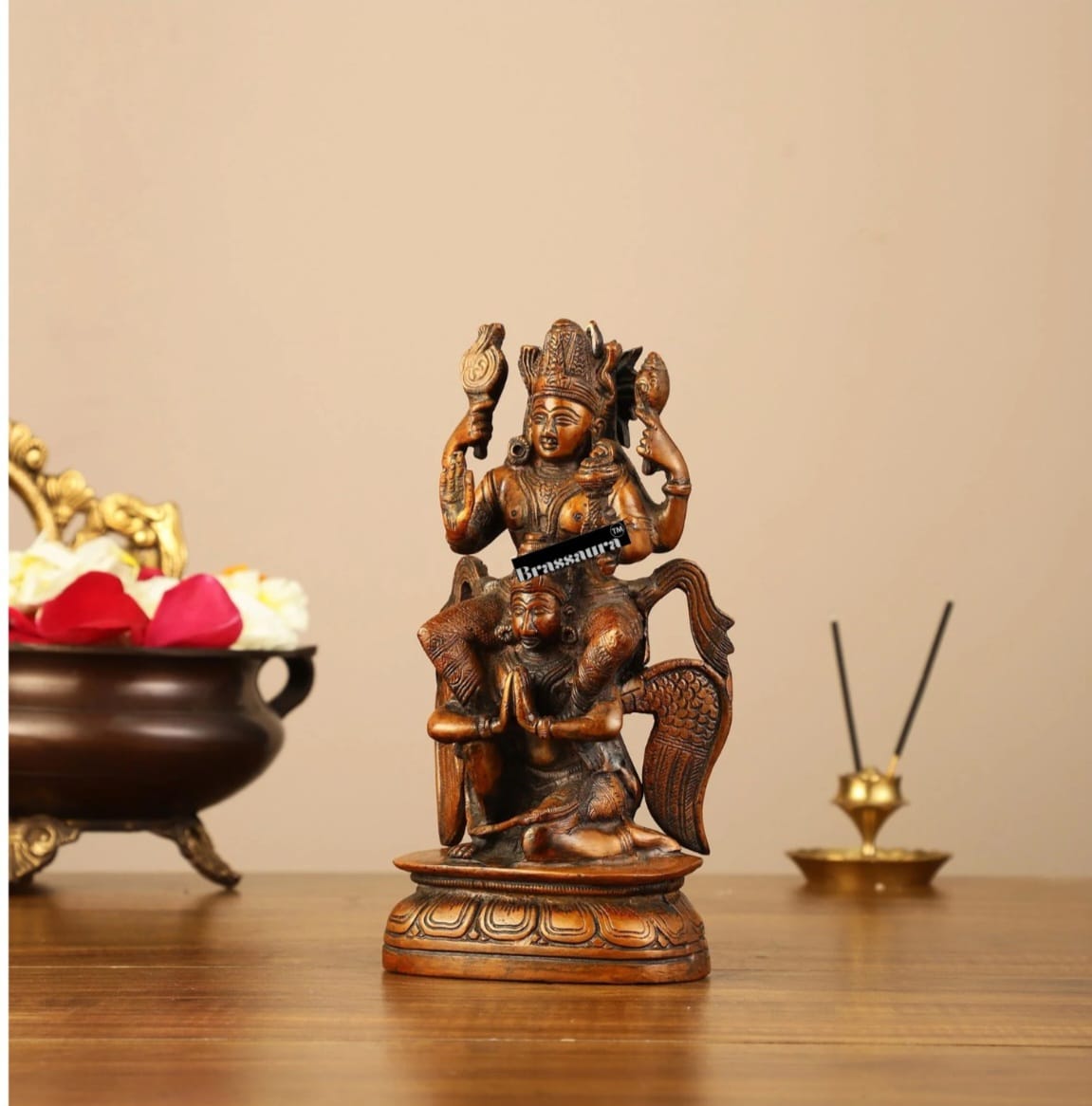 Brassaura™ Handcrafted Pure Brass Lord Vishnu Seated on Garuda Statue | 8 Inch Height | 2 KG Weight | Intricate Craftsmanship