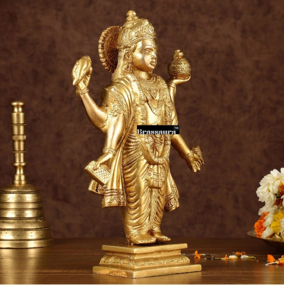 Brassaura™ Handcrafted Pure Brass Lord Dhanvantari Statue | 10 Inch Height | 2.7 KG Weight | Intricate Detailing
