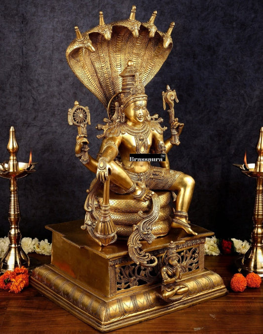 Brassaura® Superfine Brass Shri Hari Narayana Statue Seated Under Sheshanaag | 29 Inch Height | Finely Casted