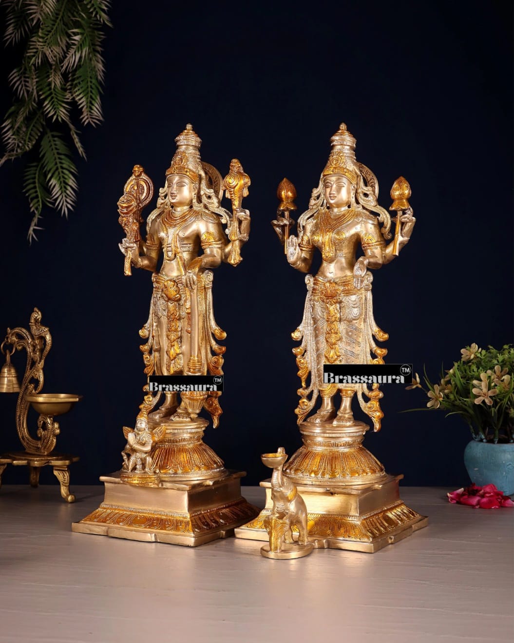 Brassaura™ Pure Brass Standing Vishnu Idol Set – 9.5kg, 14-Inch – Chola-Style Lord Vishnu, Lakshmi with Elephant & Garuda in Dual-Tone Gold Finish