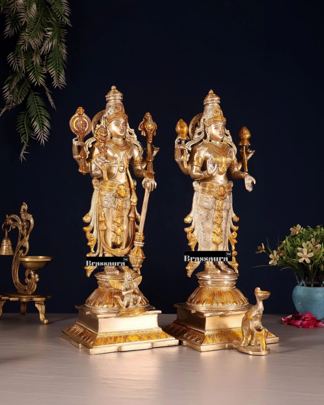 Brassaura™ Pure Brass Standing Vishnu Idol Set – 9.5kg, 14-Inch – Chola-Style Lord Vishnu, Lakshmi with Elephant & Garuda in Dual-Tone Gold Finish