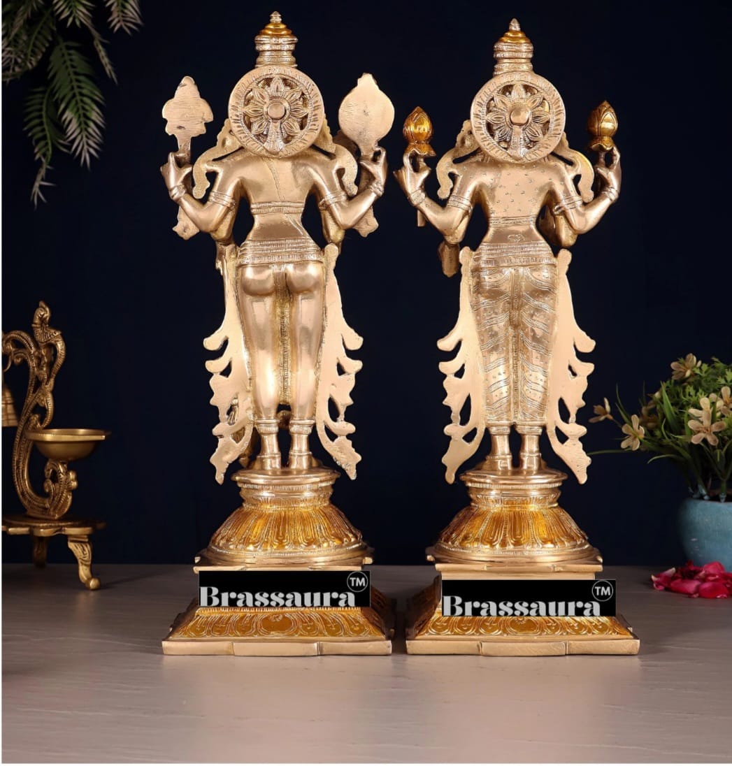 Brassaura™ Pure Brass Standing Vishnu Idol Set – 9.5kg, 14-Inch – Chola-Style Lord Vishnu, Lakshmi with Elephant & Garuda in Dual-Tone Gold Finish