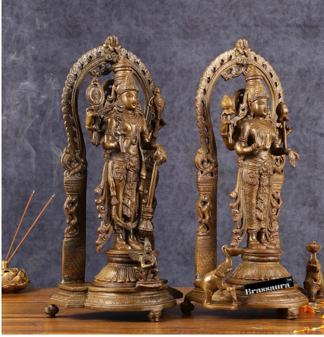 Brassaura™ 16-Inch Vishnu & Lakshmi Brass Statues Pair – 12kg – Antique Chola Style Idols for Auspicious Home & Temple Decor