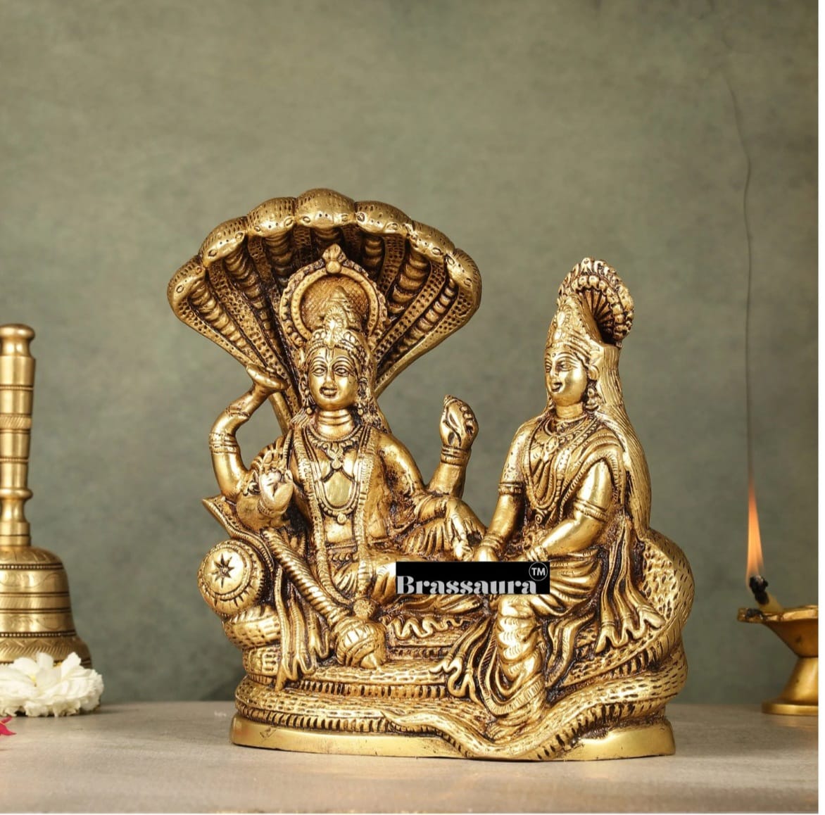 Brassaura™ Pure Brass Lakshmi Narayan Idol on Sheshnaag – 4kg, 8-Inch – Handcrafted Idol for Serenity & Prosperity in Home Temple