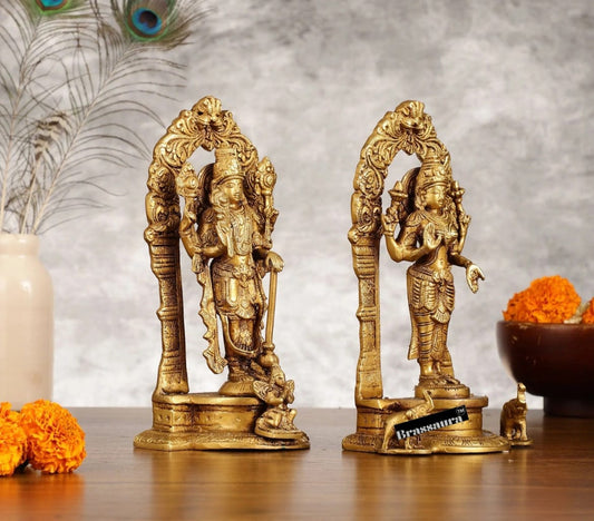 Brassaura® Pure Brass Vishnu & Lakshmi Idol Pair with Prabhavalis 9-Inch – Handcrafted with Garuda & Elephants for Home Temple Décor