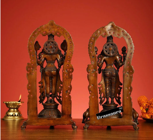 Brassaura® 16-Inch Superfine Brass Vishnu & Lakshmi Idol Pair – Antique Bronze Finish with Garuda & Elephants for Home Temple Décor