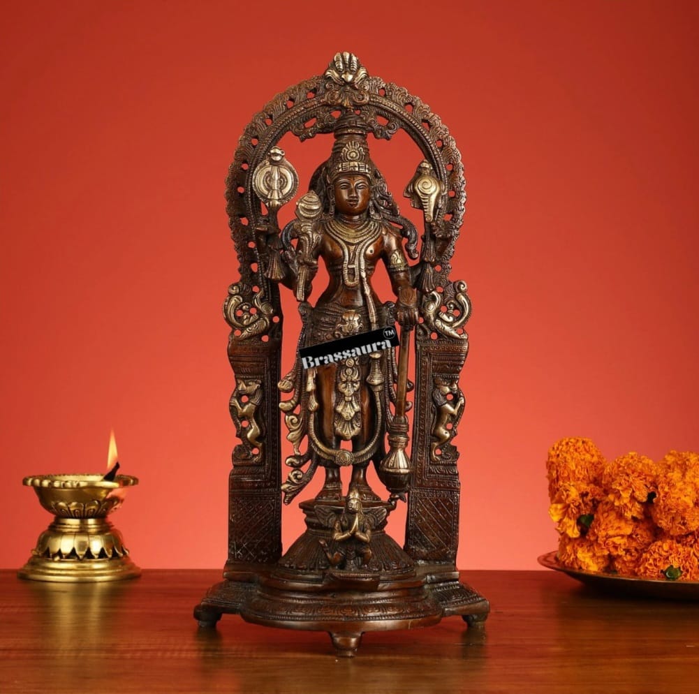 Brassaura™ 16-Inch Superfine Brass Vishnu & Lakshmi Idol Pair – 12kg – Antique Bronze Finish with Garuda & Elephants for Home Temple Décor