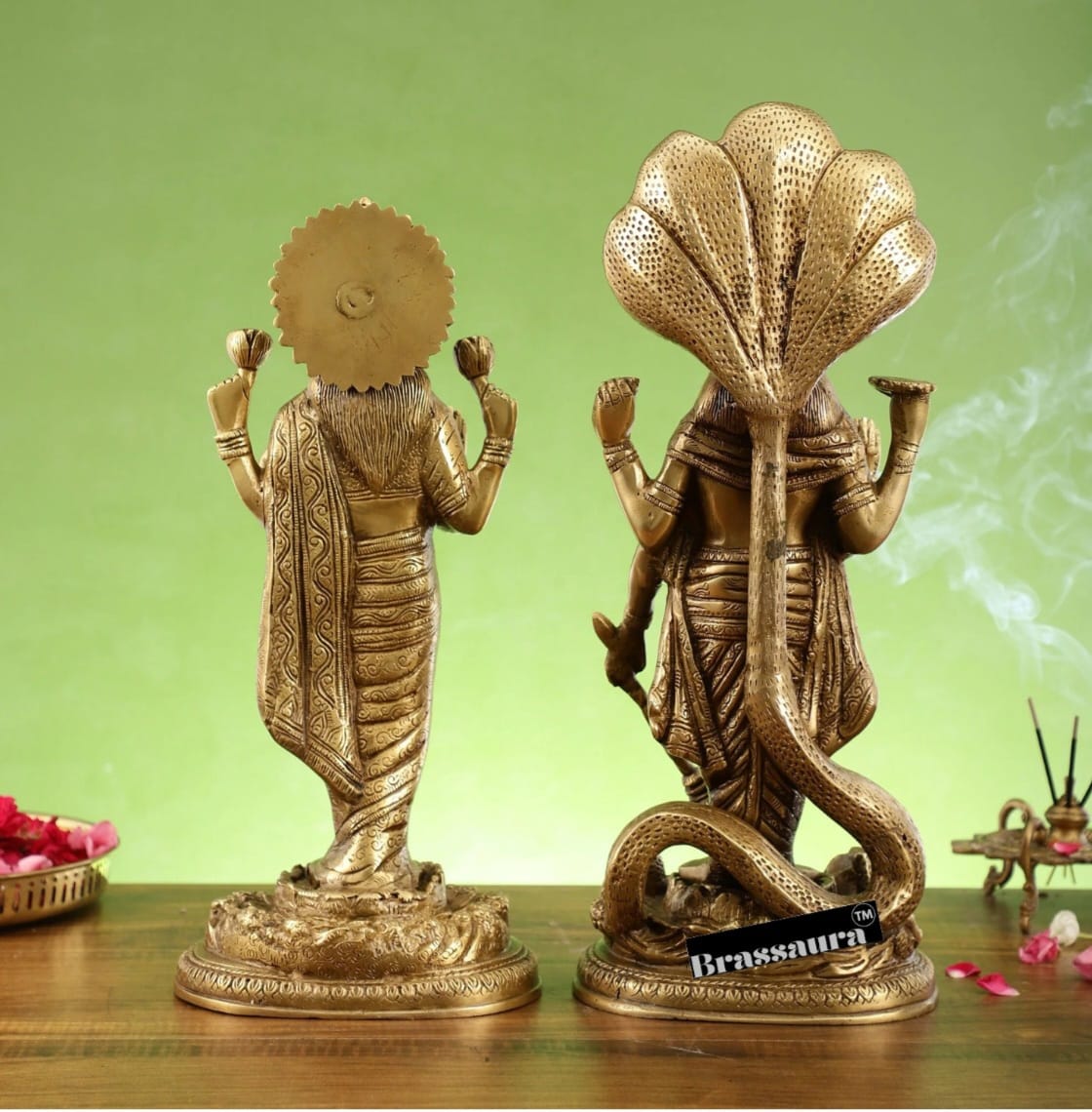 Brassaura™ Vishnu & Lakshmi Brass Idol Set – 13.79kg – 17-Inch Vishnu & 15-Inch Lakshmi – Handcrafted Statues for Wealth, Protection & Spiritual Decor