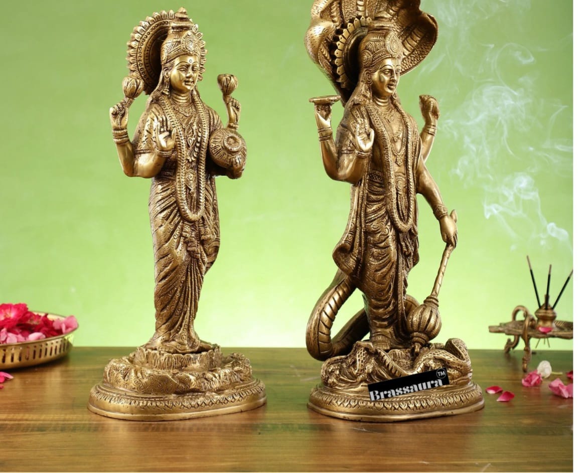 Brassaura™ Vishnu & Lakshmi Brass Idol Set – 13.79kg – 17-Inch Vishnu & 15-Inch Lakshmi – Handcrafted Statues for Wealth, Protection & Spiritual Decor