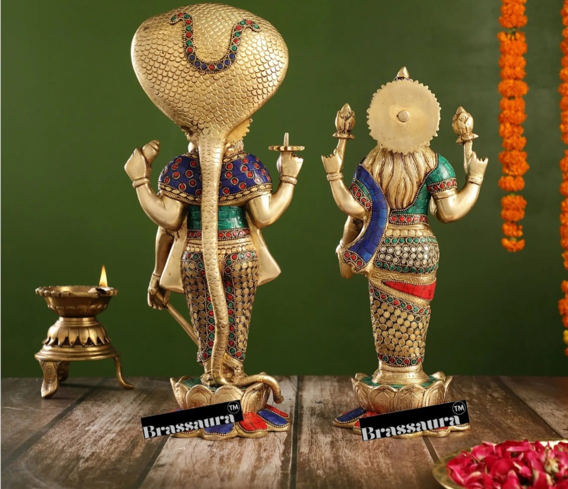 Brassaura™ Handcrafted Brass Vishnu & Lakshmi Statues – 14kg, 17-Inch – Elegant Divine Décor for Home Temple & Spiritual Spaces