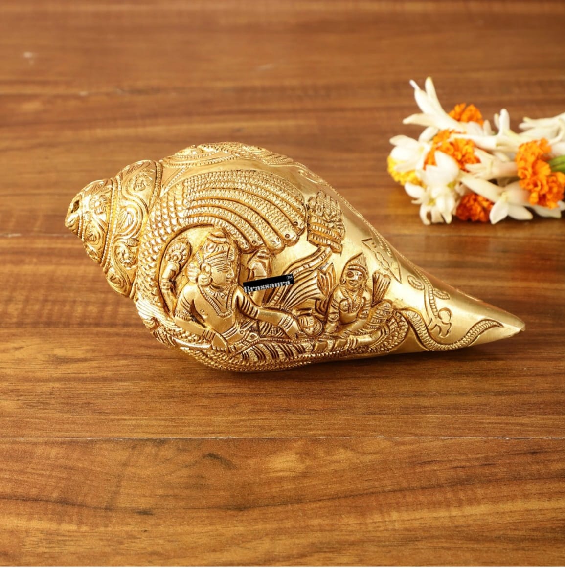 Brassaura™ Pure Brass Lakshmi Narayana Resting on Sheshanaga Shankh – Height 3.5 Inches & Weight 1.5 Kgs