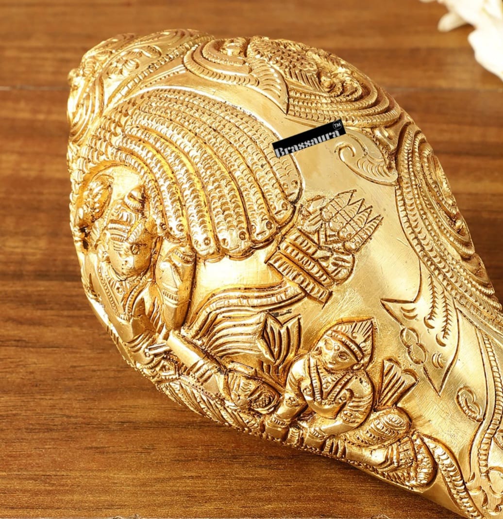 Brassaura™ Pure Brass Lakshmi Narayana Resting on Sheshanaga Shankh – Height 3.5 Inches & Weight 1.5 Kgs