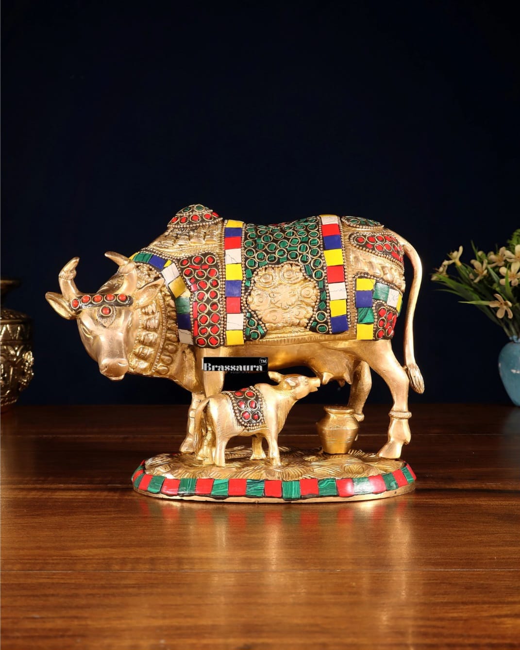 Brassaura™ Brass Cow & Calf Statue with BudShiv Meenakari Stonework – Height 7 Inches & Weight 3.25 Kgs