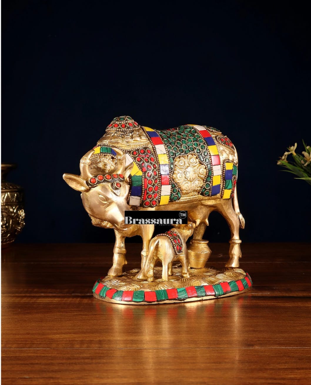Brassaura™ Brass Cow & Calf Statue with BudShiv Meenakari Stonework – Height 7 Inches & Weight 3.25 Kgs