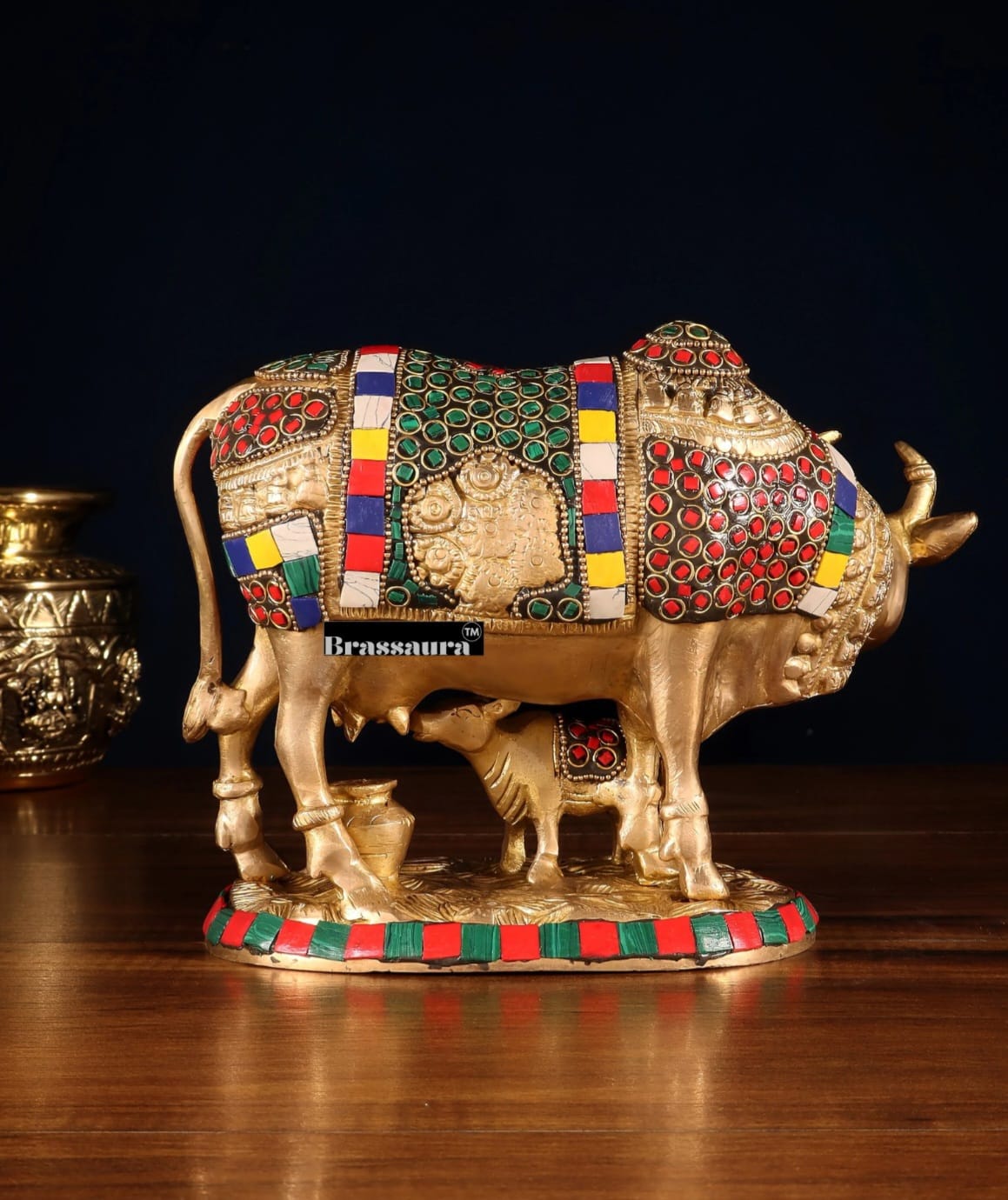 Brassaura™ Brass Cow & Calf Statue with BudShiv Meenakari Stonework – Height 7 Inches & Weight 3.25 Kgs