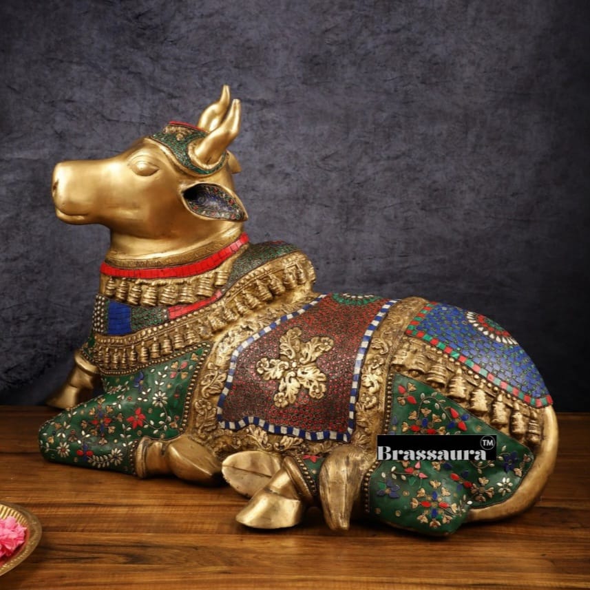 Brassaura™ Handcrafted Brass Nandi Bull with Stone Work – Height 21 Inches & Weight 30 Kgs | Artistic Devotional Sculpture