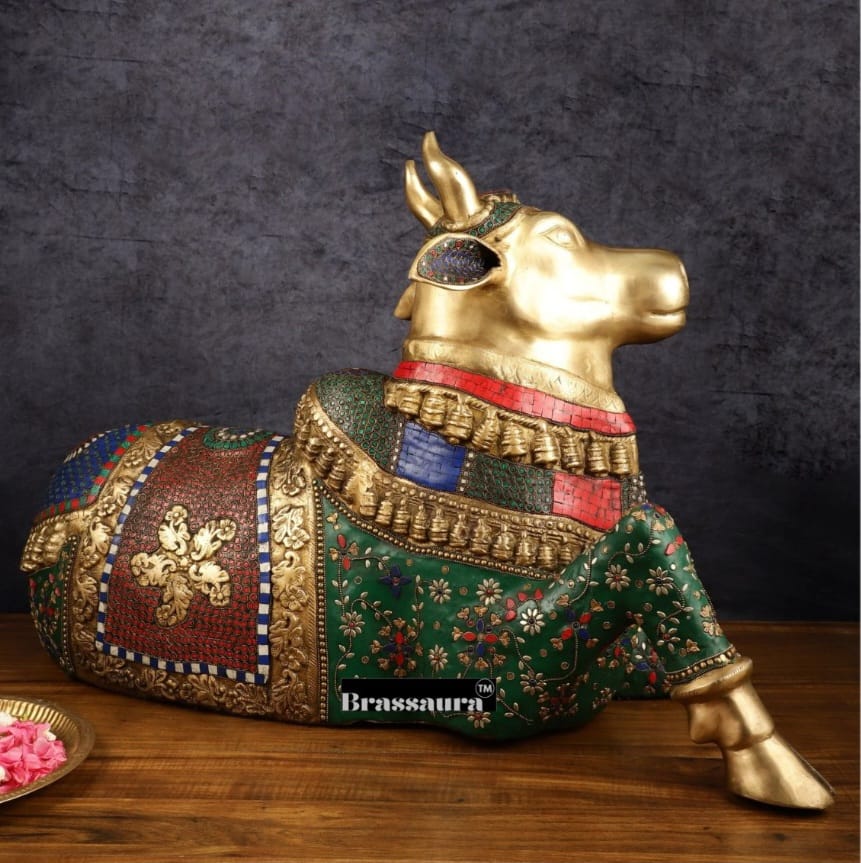 Brassaura™ Handcrafted Brass Nandi Bull with Stone Work – Height 21 Inches & Weight 30 Kgs | Artistic Devotional Sculpture