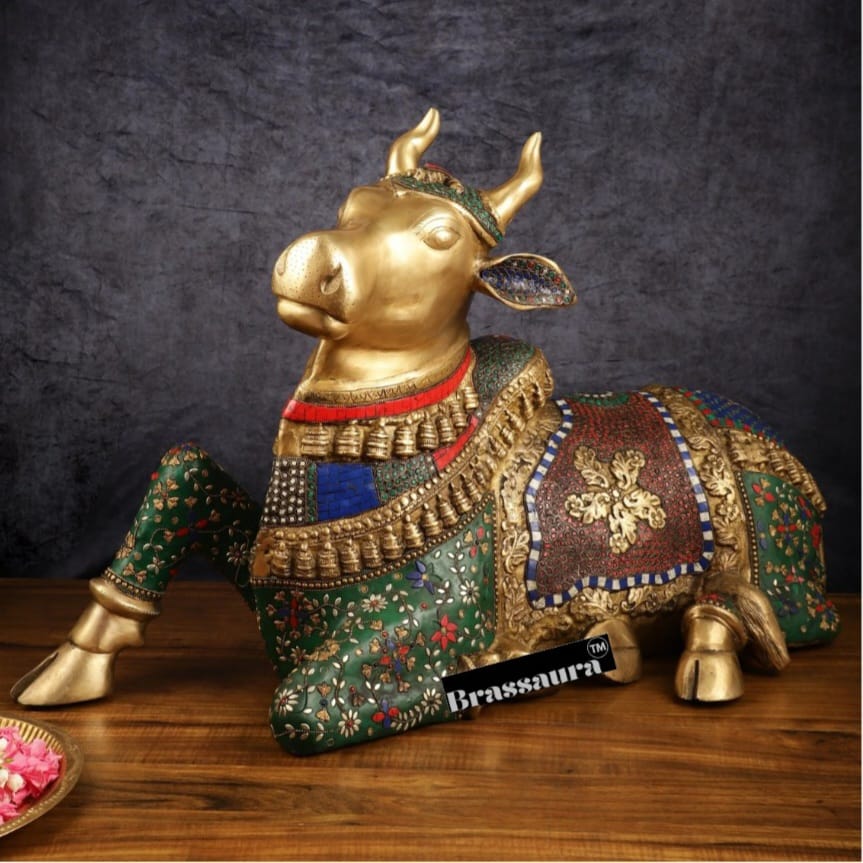 Brassaura™ Handcrafted Brass Nandi Bull with Stone Work – Height 21 Inches & Weight 30 Kgs | Artistic Devotional Sculpture