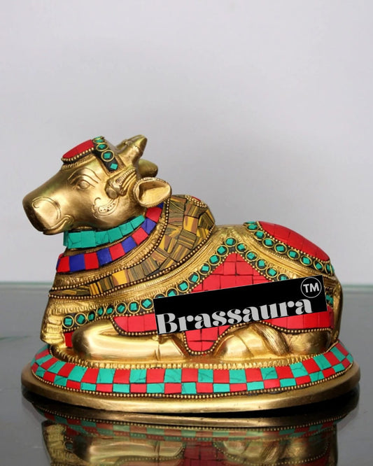 Brassaura™ Brass Nandi Statue with Colorful Natural Stones – Height 6 Inches & Weight 1.8 Kgs | Traditional Temple Idol