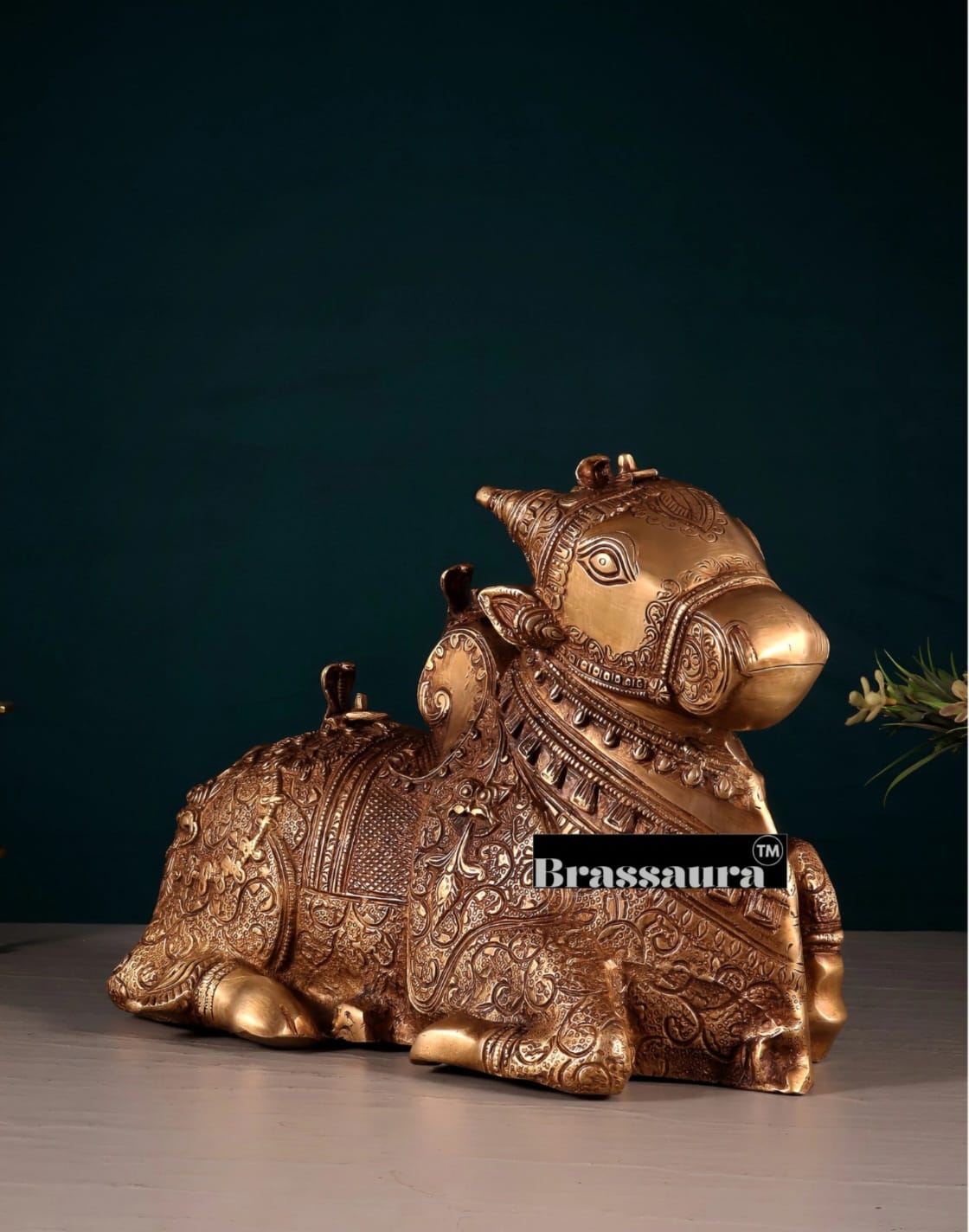 Brassaura™ Pure Brass Nandi Fully Carved Statue with Three Shivling – Height 8 Inches, Weight 5.5 Kgs | Matte Gold Finish Large Nandi